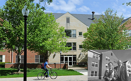 photo of Carmel Center with inset of building dedication photo